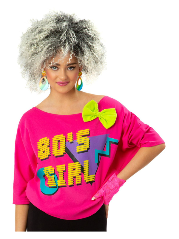 Picture of 80s Girl Bat Wing T-Shirt, Neon Pink, Printed Bust34.5-35.5",Waist26.5-27.5",Hip37-38",Leg32.5" 